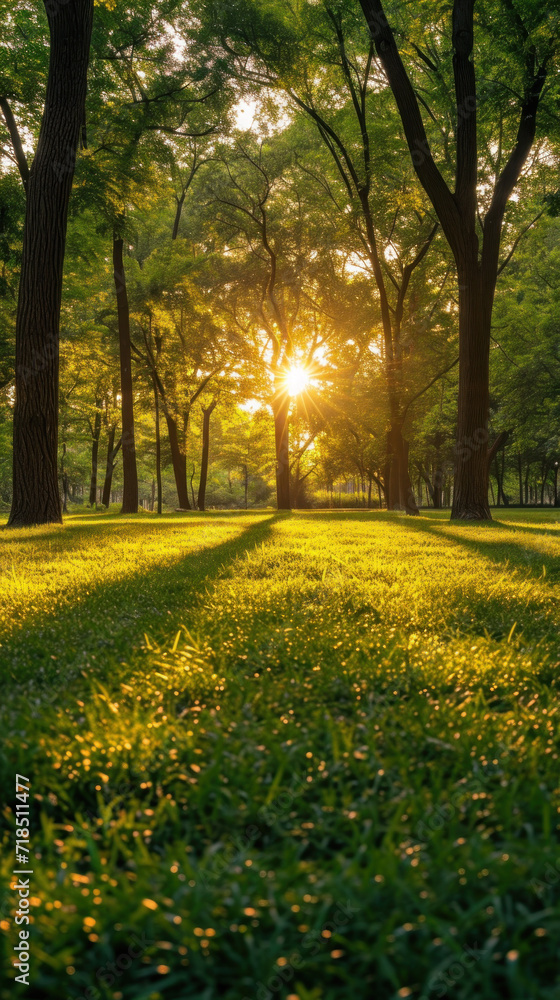 Sunset in the park with green grass and trees in the morning, vertical wallpaper Sunset in the park with green grass and trees in the morning, vertical wallpaper