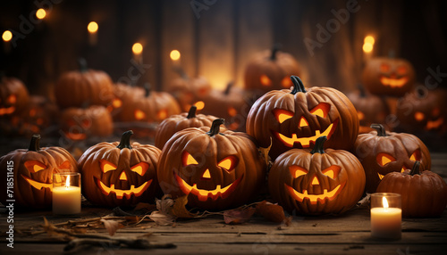 Spooky Halloween night, glowing pumpkin lantern decoration generated by AI