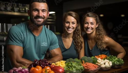 Smiling women and men enjoying healthy cooking together generated by AI
