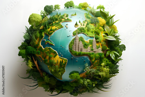 green earth with leaves, Earth day concept on a white background, World Environment Day, green planet earth with grass