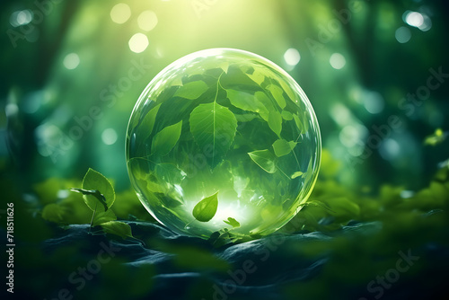 Earth Day concept, environmental green sphere background with leaves and leafy branches, World Environment Day, Environmental Conservation Concept, Glass Globe