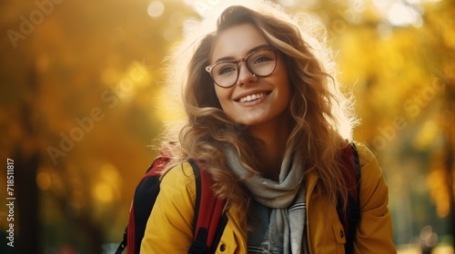 Beautiful Student Smiling Girl with Backpack and Glasses in the Park, Autumn. Education Learning  © Humam