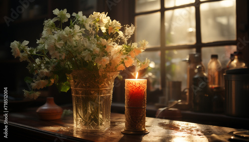 Flame dances  casting warmth on table  candlelight illuminates romance generated by AI