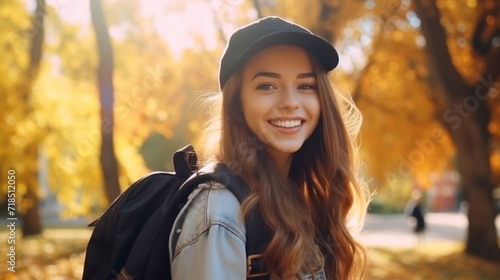 Beautiful Student Smiling Girl with Backpack and Glasses in the Park, Autumn. Education Learning 