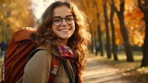 Beautiful Student Smiling Girl with Backpack and Glasses in the Park, Autumn. Education Learning 