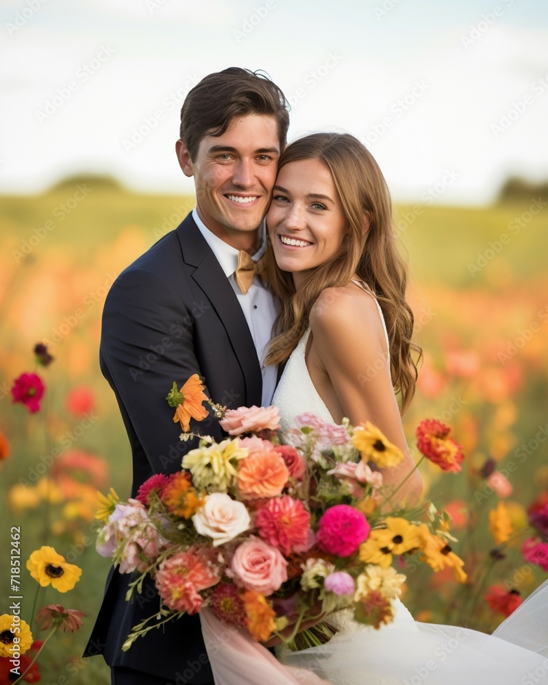 bride and groom in flower field bride and groom in flower field