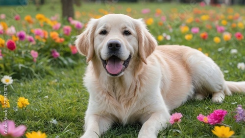 Cream golden retriever dog in flower field