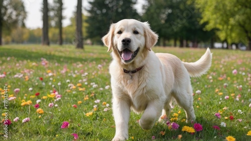 Cream golden retriever dog in flower field