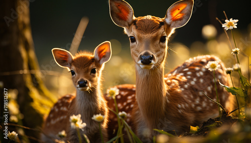 Cute deer standing in meadow, looking at camera generated by AI © Jemastock