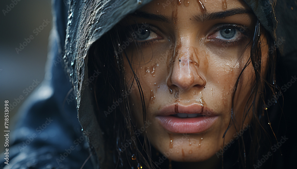 Young woman looking at camera, smiling in the rain generated by AI Young woman looking at camera, smiling in the rain generated by AI