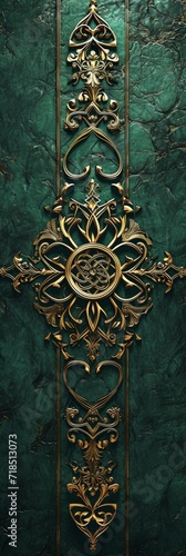 Celtic Pattern Background with Ornate Golden Design - Celtic Wood Sculptor Framing detailed Dark Emerald Foliage Wallpaper created with Generative AI Technology © Sentoriak