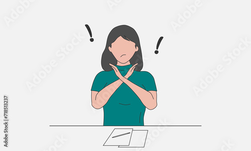 Woman crossed her arms. A gesture of refusal and prohibition. Vector illustration.