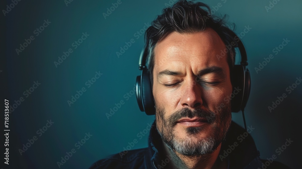 Fototapeta premium 40 year old man with eyes closed listening to classical music, refined, educated, elegant,