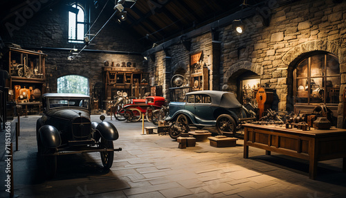 Vintage car parked outside a luxurious illuminated bar generated by AI