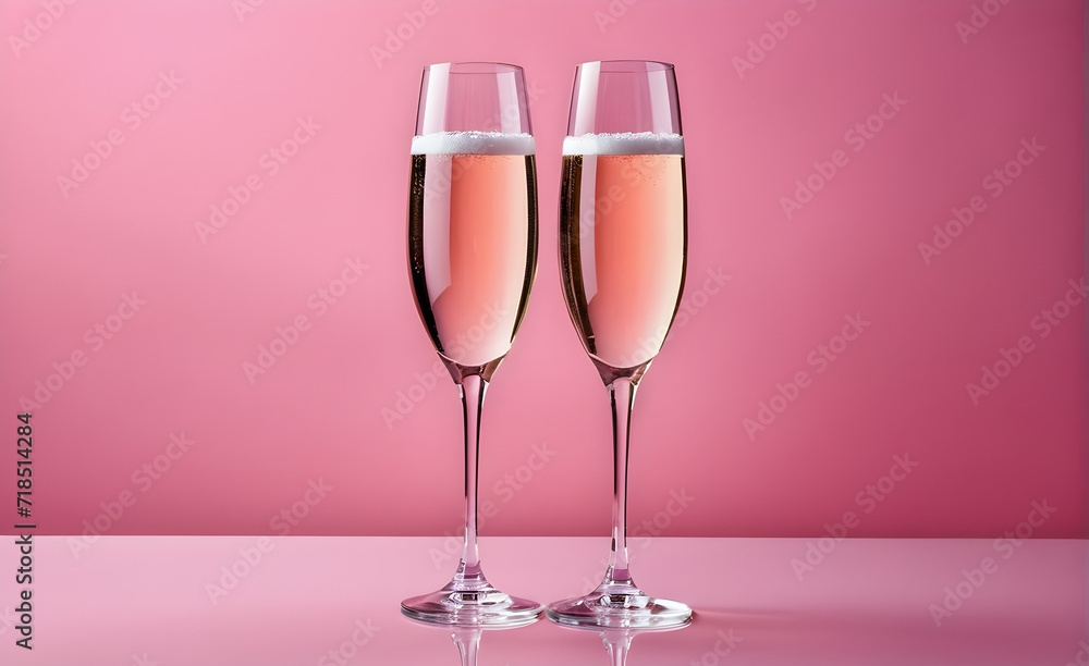 Two champagne glasses on a simplesoft pink background, Valentine's Day, Christmas. Generative AI Two champagne glasses on a simplesoft pink background, Valentine's Day, Christmas. Generative AI