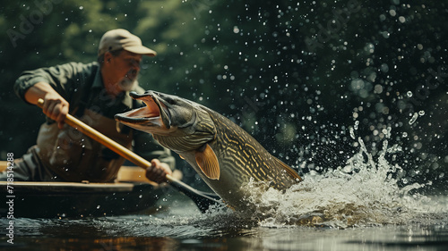 A Caucasian angler, landing a giant pike fish on a boat, the fish fighting hard photo