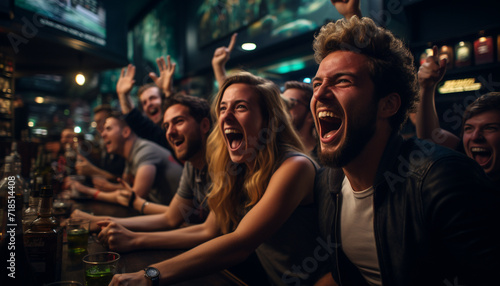 Young adults enjoying nightlife at a crowded bar generated by AI