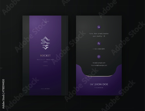 elegant business identity, professional business card vertical in purple black and chrome silver combination