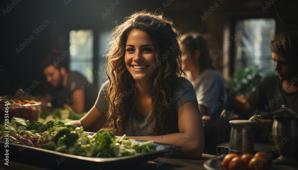 Smiling adults enjoying healthy meal, looking at camera generated by AI
