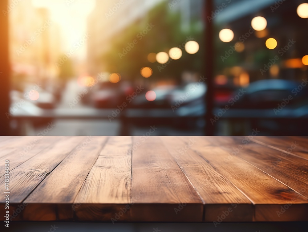 Empty wood table top and blurred restaurant interior background - can used for display or montage your products. Generative Ai