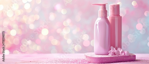Lotions for cosmetic ad on bokeh background. Makeup Product Advertisement.