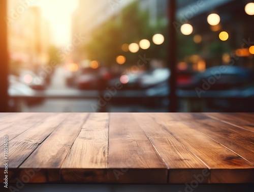 Empty wood table top and blurred restaurant interior background - can used for display or montage your products. Generative Ai