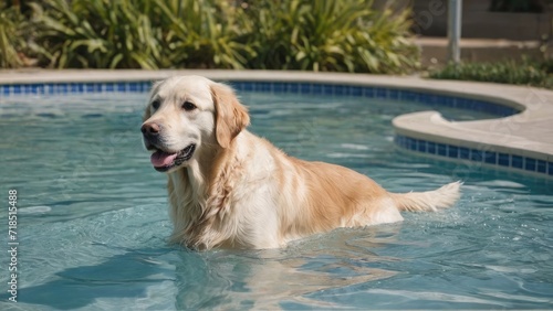 Cream golden retriever dog in the swimming pool
