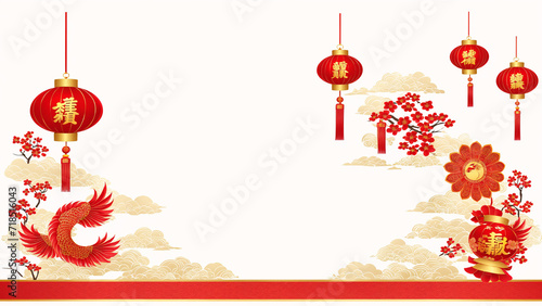 chinese new year greeting card with oriental lanterns and birds