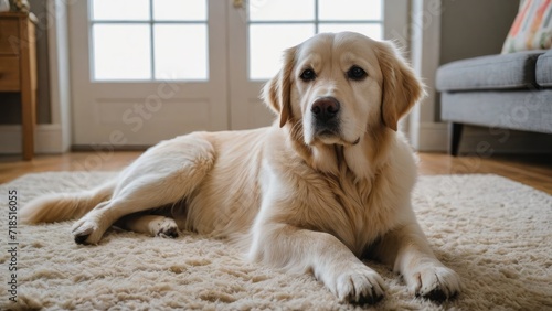 Cream golden retriever dog laying on the floor indoor