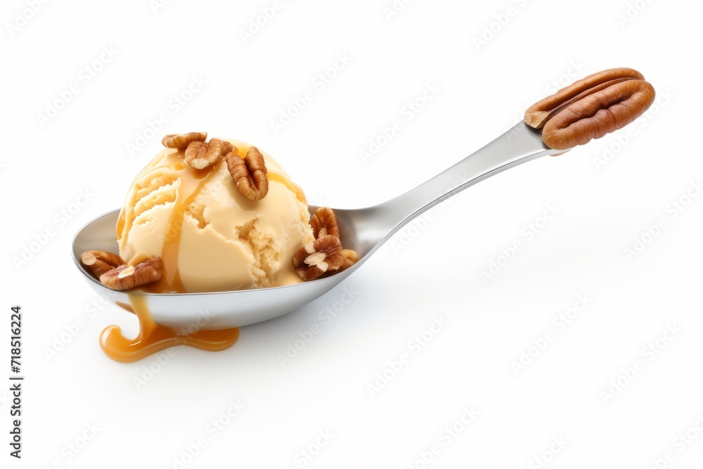 Fototapeta premium Salted Caramel Ice Cream Scoop with a Caramel Swirl, Against a Clean White Surface, Generative AI
