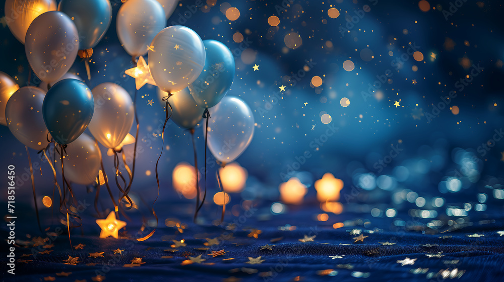 Starry elements with floating balloons against a midnight-blue backdrop. Birthday background concept - obrazy, fototapety, plakaty 