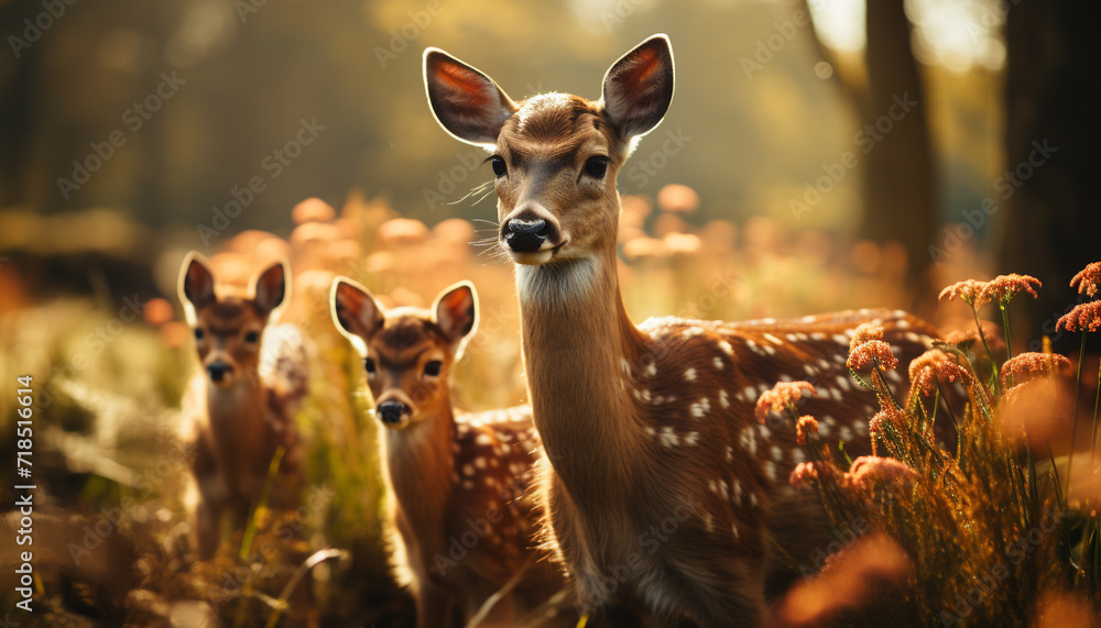 Cute deer standing in grass, looking at camera generated by AI Cute deer standing in grass, looking at camera generated by AI