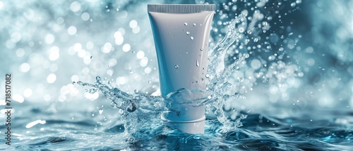 Cream bottle mock up in water splash for cosmetic ad on bokeh background. Makeup Product Advertisement. photo