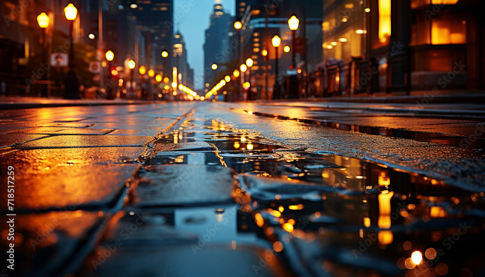 Glowing city streets reflect on wet asphalt generated by AI