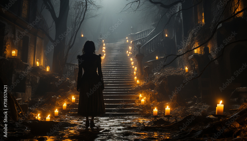 Walking in the dark, a spooky candlelight illuminates generated by AI