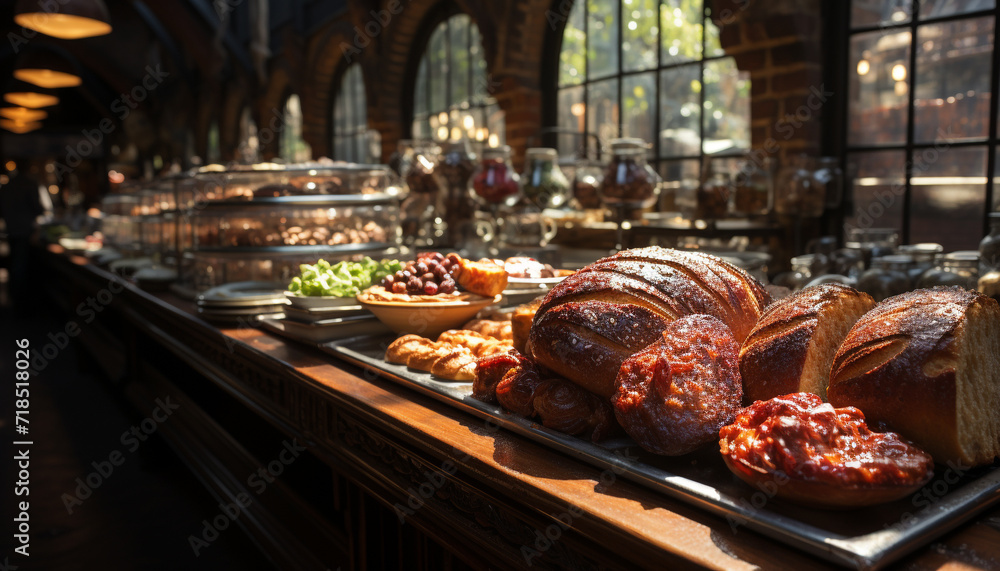 Grilled meat on rustic table, perfect summer barbecue generated by AI Grilled meat on rustic table, perfect summer barbecue generated by AI