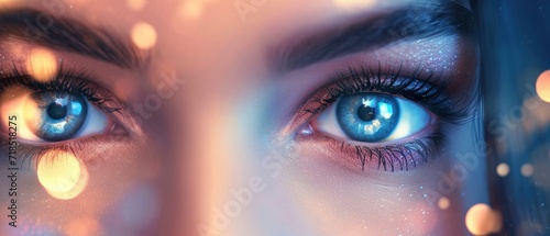 Eyes for cosmetic ad on bokeh background. Makeup Product Advertisement.