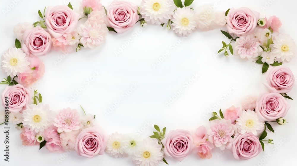 A wreath of delicate pink and white flowers on a light background. Round text frame.