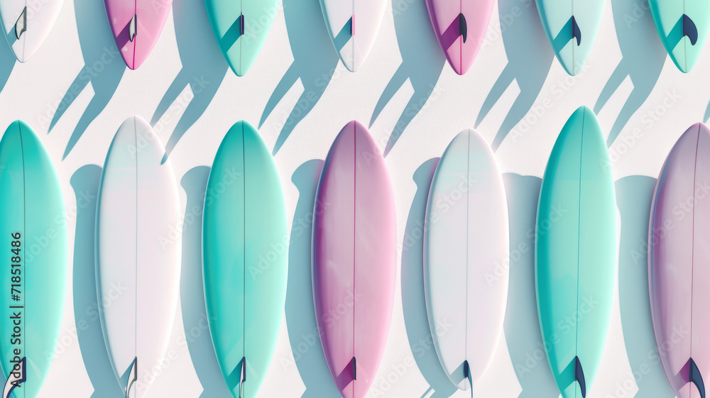 Flat lay pattern of  surfboards  in pastel colors. 