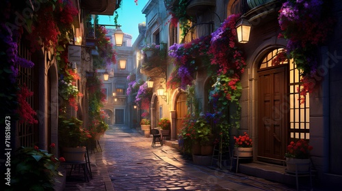 A winding narrow stone street with many flowers of fabulous beauty.
