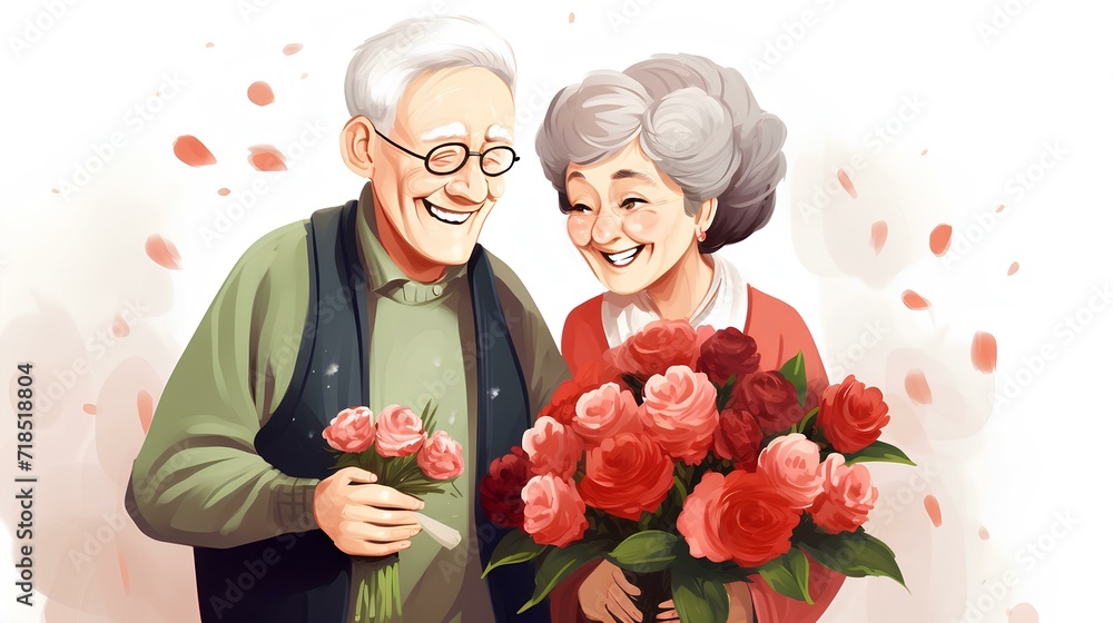 Happy Valentine's Day. A romantic elderly couple in love with flowers. Happy Valentine's Day. A romantic elderly couple in love with flowers.