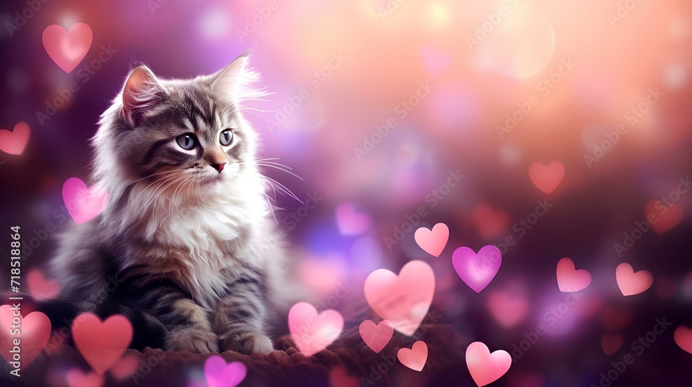 Cute little fluffy kitten on a romantic background with side hearts.