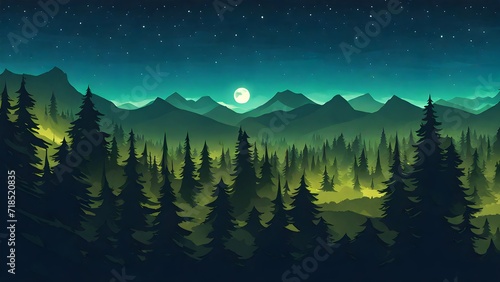 2d flat illustration of a mountain landscape with silhouettes of mountains, hills, forest and sky © pornpun