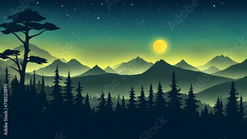 2d flat illustration of a mountain landscape with silhouettes of mountains, hills, forest and sky © pornpun