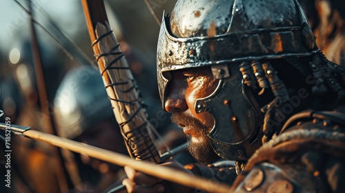 Close-Up of a Medieval Knight in Armor Holding a Spear with Fellow Soldiers in Background During Sunset