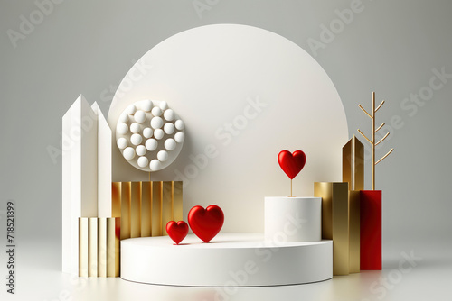 Luxurious minimalist love podium decorated with golden metallic trees and heart leaves, and empty front circular frame white gold and touch red tones, for product presentation or Mock-up photo