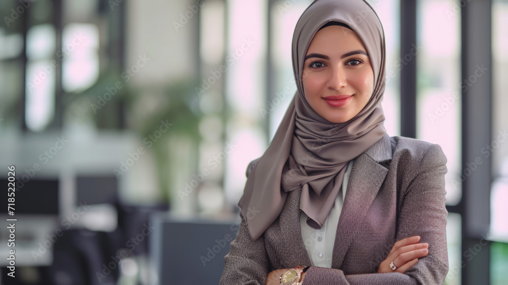 A successful Muslim businesswoman in a hijab, portraying leadership and professional motivation, set against an office backdrop.