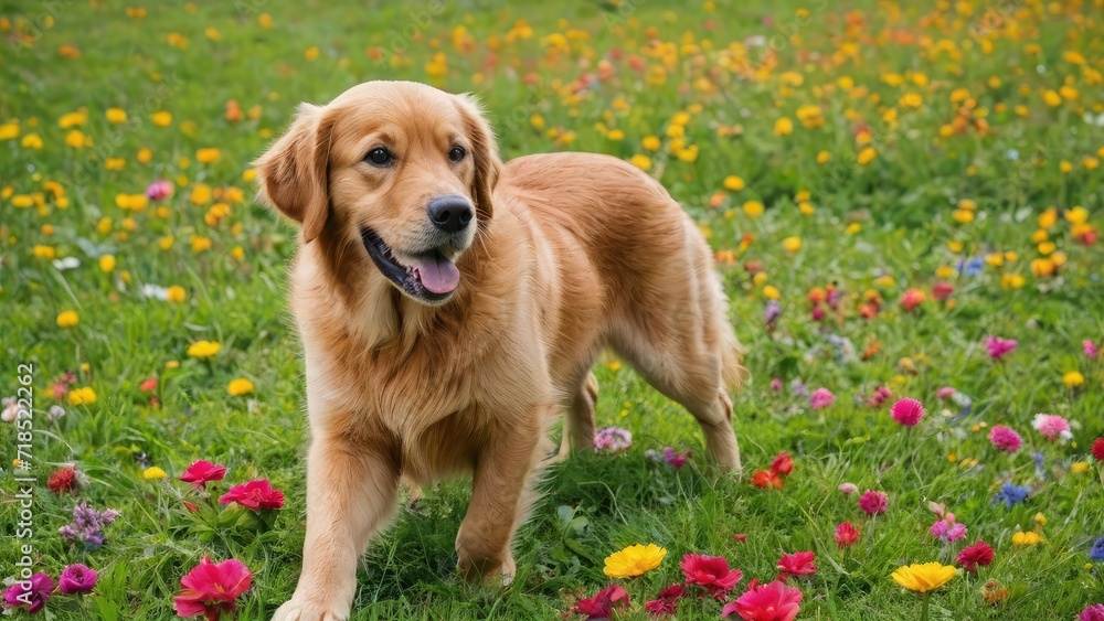 Dark golden retriever dog in flower field Dark golden retriever dog in flower field