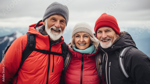 A group of seniors hiking in the mountains