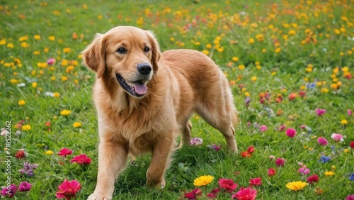 Dark golden retriever dog in flower field